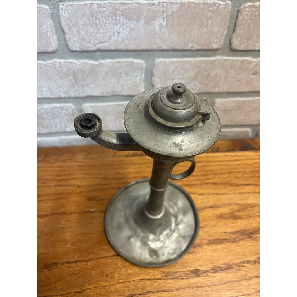 Antique Primitive 19th c. Whale Oil Lard Betty Oil Lamp Pewter 8" Farmhouse