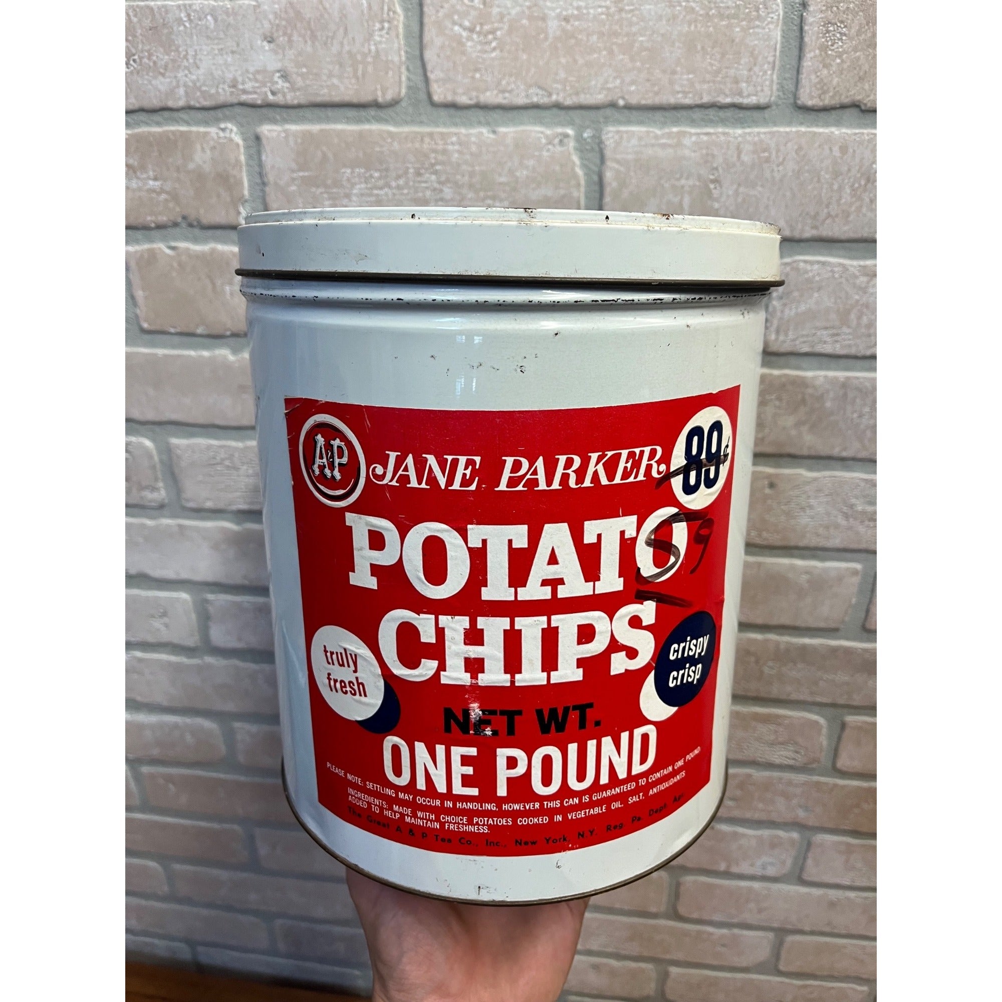 Vintage A&P Jane Parker Potato Chip Tin Advertising Can Storage Kitchen Decor