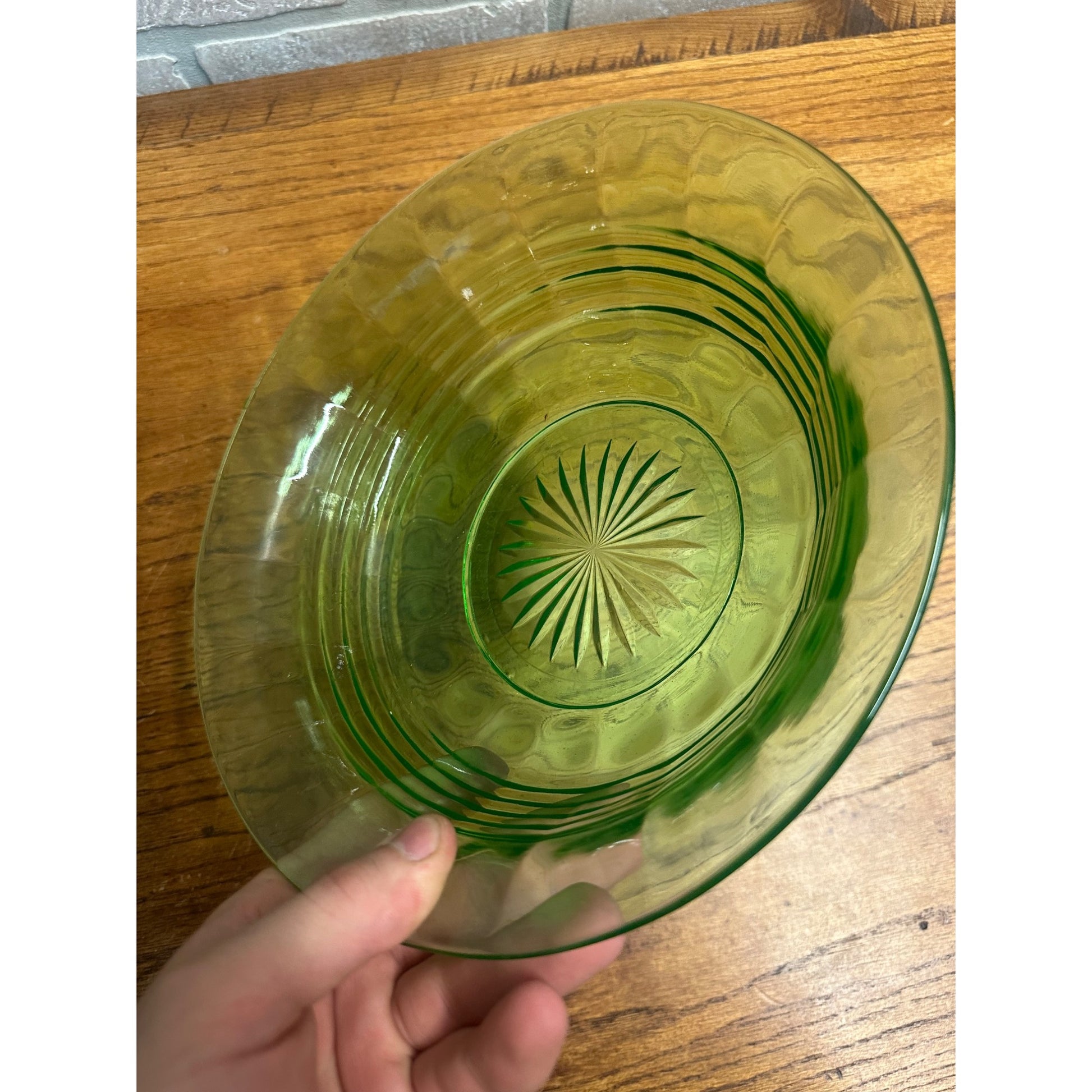 Vintage Anchor Hocking 9" Fruit Bowl Circle Green Uranium Vaseline