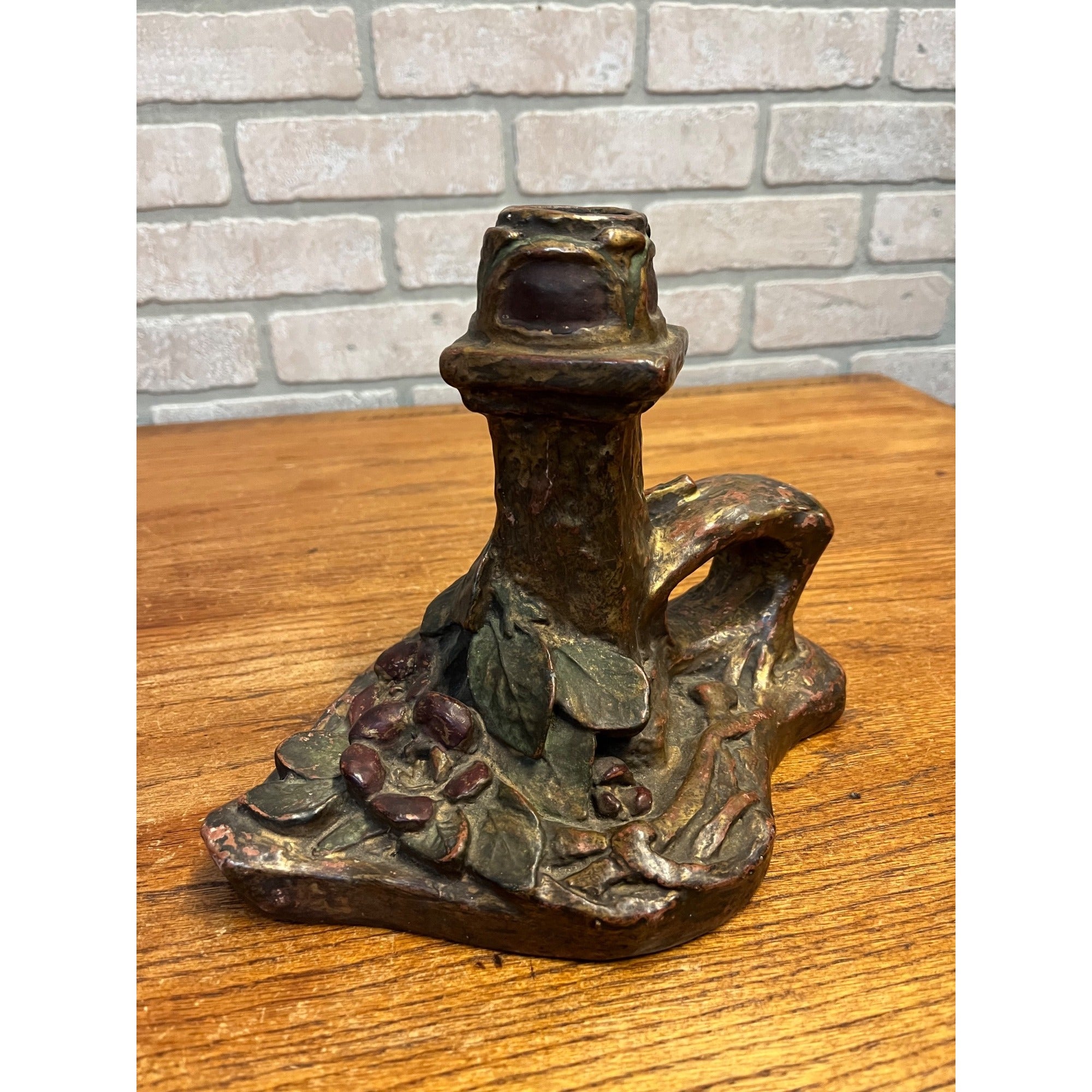 Vintage Antique Art Nouveau Floral Pottery Candlestick Holder w/ Finger Loop