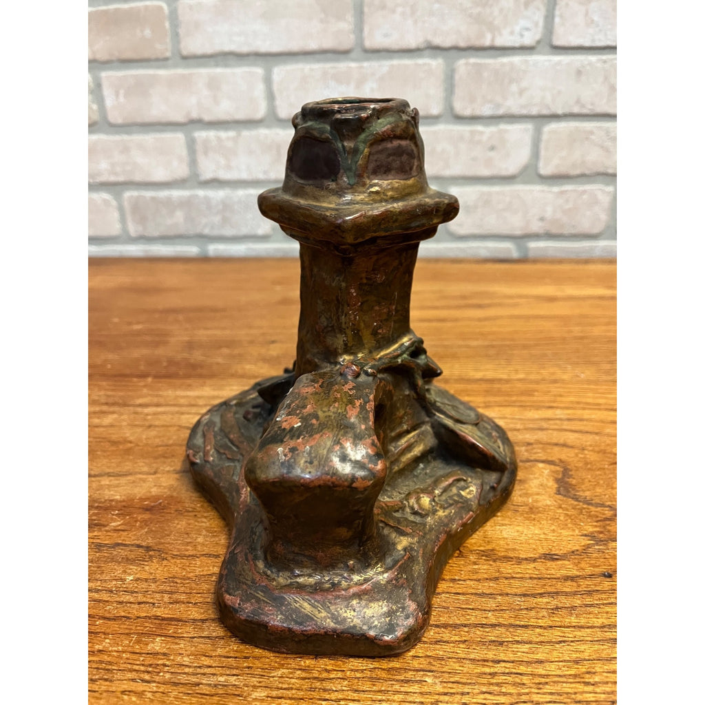 Vintage Antique Art Nouveau Floral Pottery Candlestick Holder w/ Finger Loop