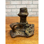 Vintage Antique Art Nouveau Floral Pottery Candlestick Holder w/ Finger Loop