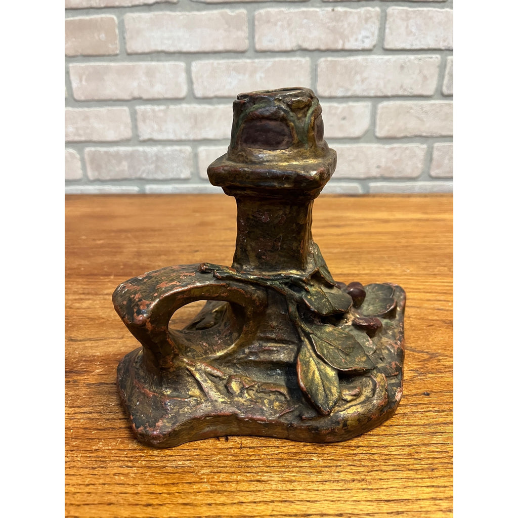 Vintage Antique Art Nouveau Floral Pottery Candlestick Holder w/ Finger Loop