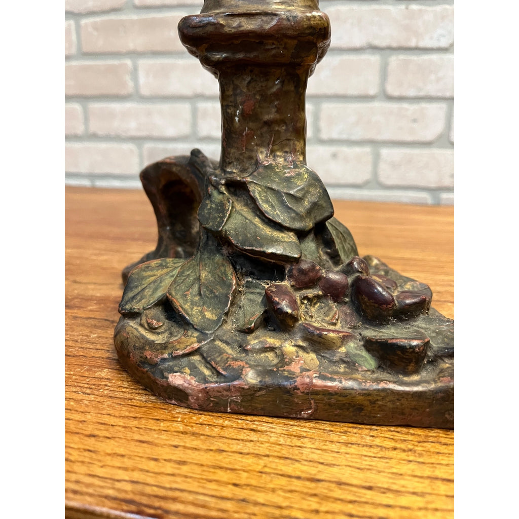 Vintage Antique Art Nouveau Floral Pottery Candlestick Holder w/ Finger Loop