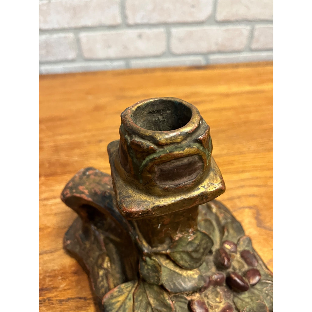 Vintage Antique Art Nouveau Floral Pottery Candlestick Holder w/ Finger Loop
