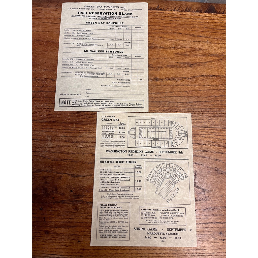 1953 Green Bay Packers Tickets Reservation Blank County Stadium Milwaukee