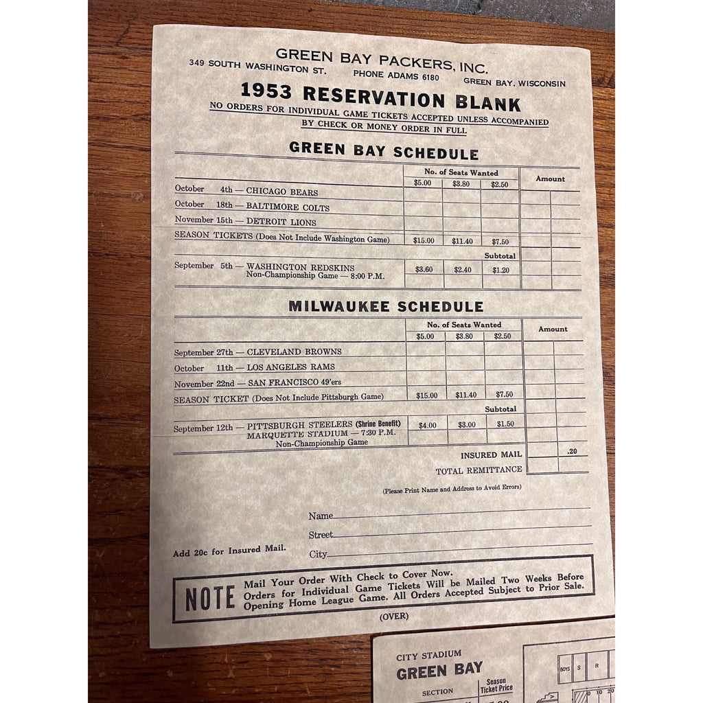 1953 Green Bay Packers Tickets Reservation Blank County Stadium Milwaukee