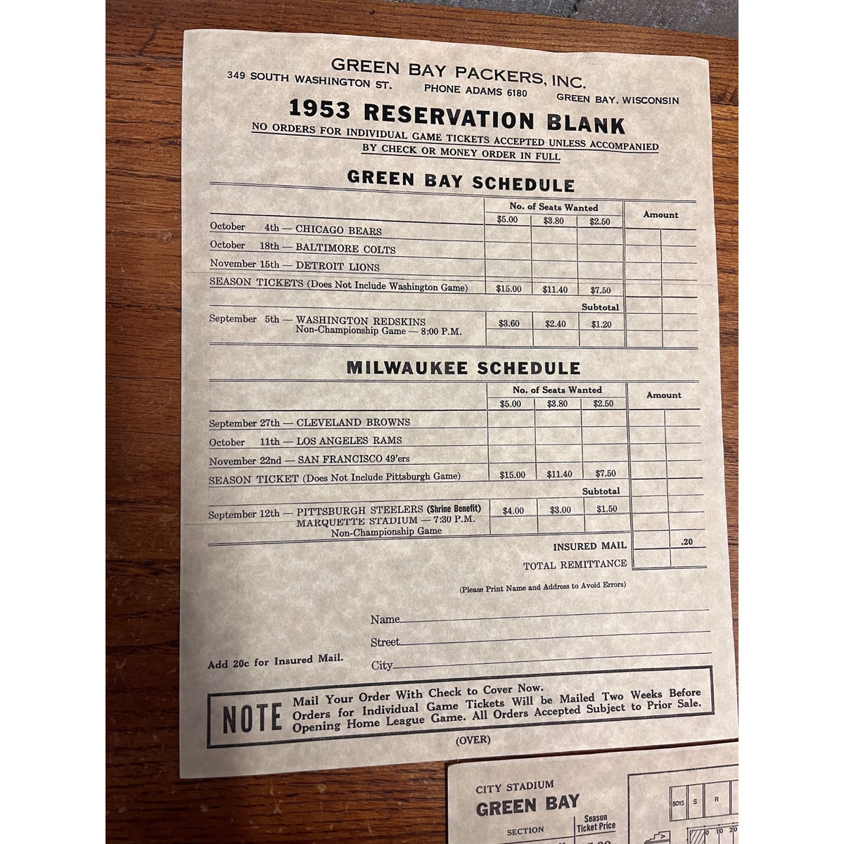 1953 Green Bay Packers Tickets Reservation Blank County Stadium Milwaukee