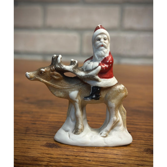 Antique German Bisque Hertwig Christmas Figure Santa Riding Reindeer Snow Baby