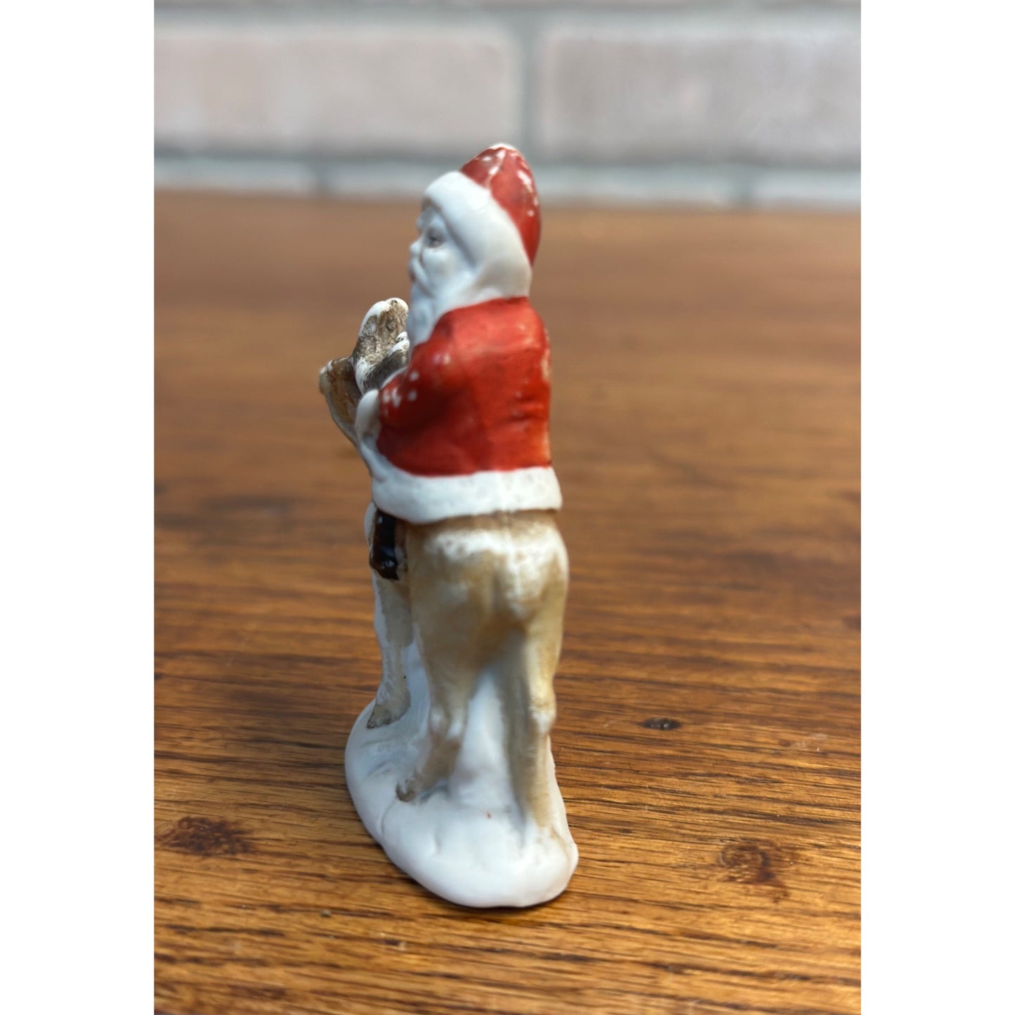 Antique German Bisque Hertwig Christmas Figure Santa Riding Reindeer Snow Baby