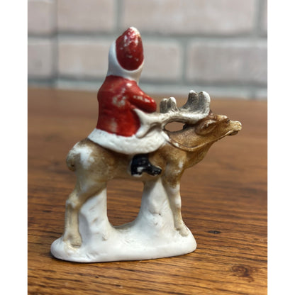 Antique German Bisque Hertwig Christmas Figure Santa Riding Reindeer Snow Baby