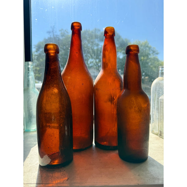 1800s Lot of 4 Amber Beer Bottles Blob Top Blanks Early Barware Decor FBC Co Findlay
