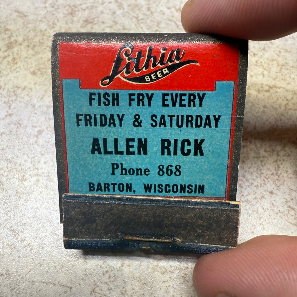 Vintage Matchbook Allen Rick Tavern Barton Wis West Bend Lithia Beer
