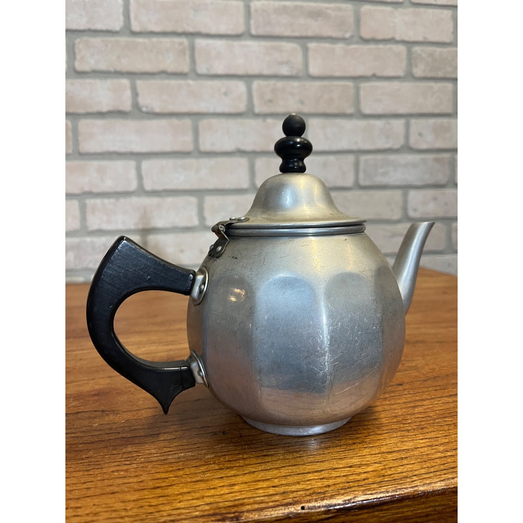 Vintage 1940s Signet Aluminum Teapot - Wood Handle & Leaf Strainer Kitchen Retro