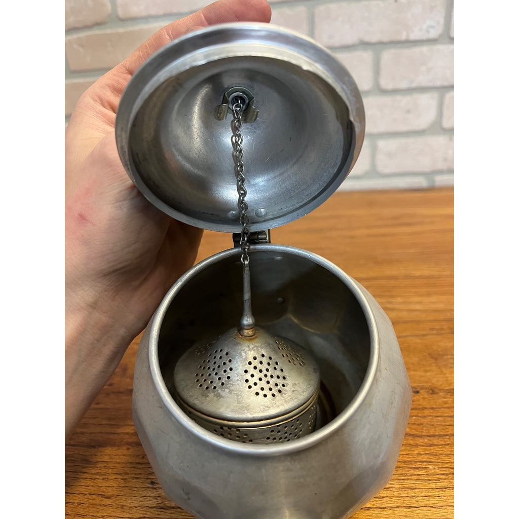 Vintage 1940s Signet Aluminum Teapot - Wood Handle & Leaf Strainer Kitchen Retro