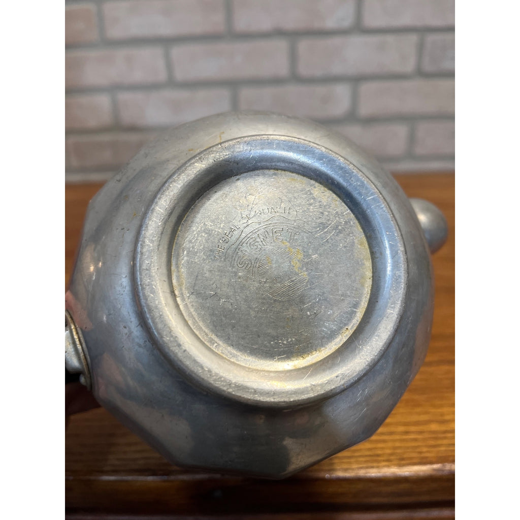 Vintage 1940s Signet Aluminum Teapot - Wood Handle & Leaf Strainer Kitchen Retro