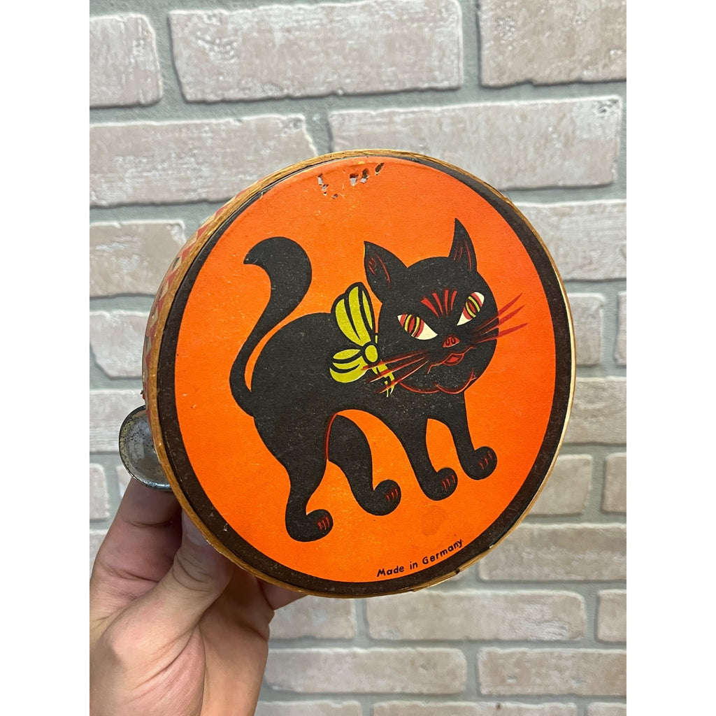 RARE Antique German 1920s Halloween Litho & Wood Tambourine Black Cat Vintage