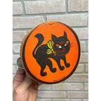 RARE Antique German 1920s Halloween Litho & Wood Tambourine Black Cat Vintage