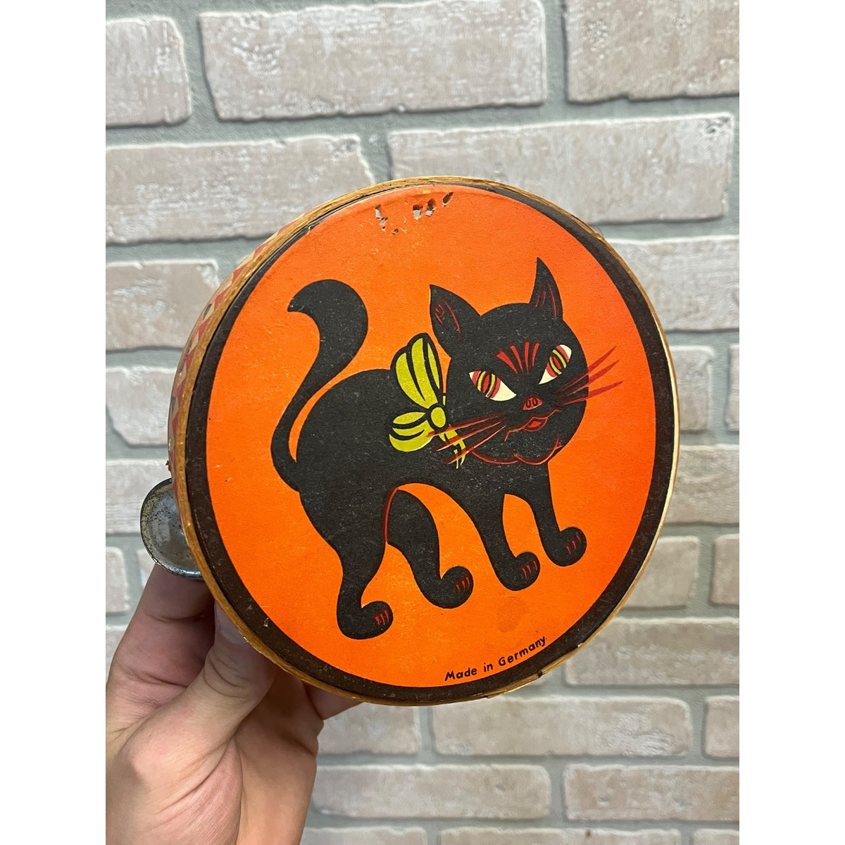 RARE Antique German 1920s Halloween Litho & Wood Tambourine Black Cat Vintage