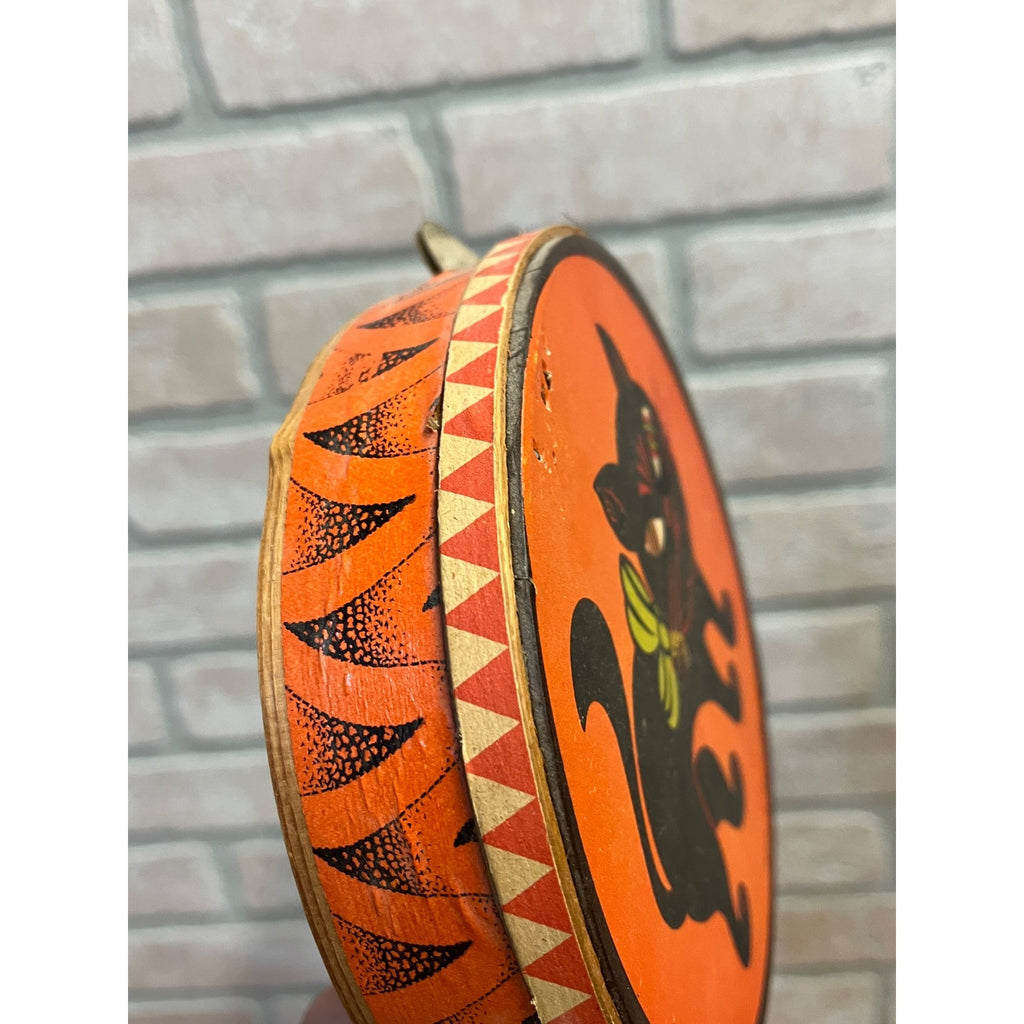 RARE Antique German 1920s Halloween Litho & Wood Tambourine Black Cat Vintage