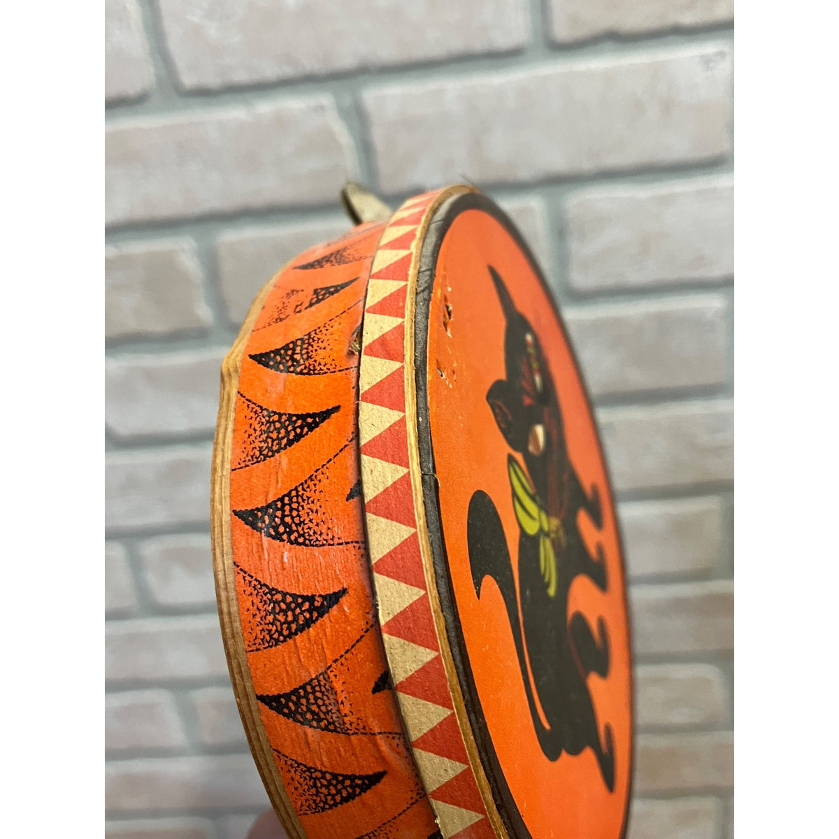RARE Antique German 1920s Halloween Litho & Wood Tambourine Black Cat Vintage