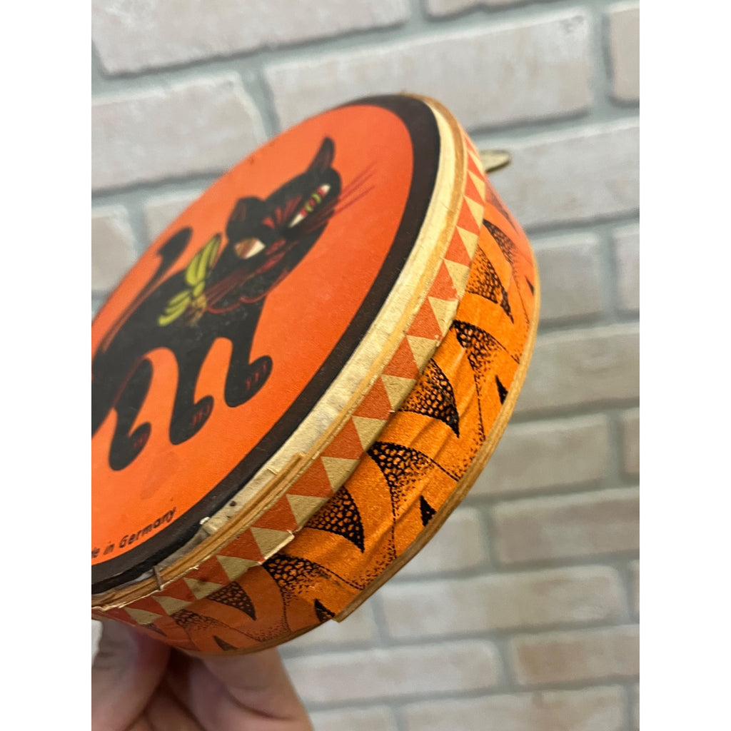 RARE Antique German 1920s Halloween Litho & Wood Tambourine Black Cat Vintage