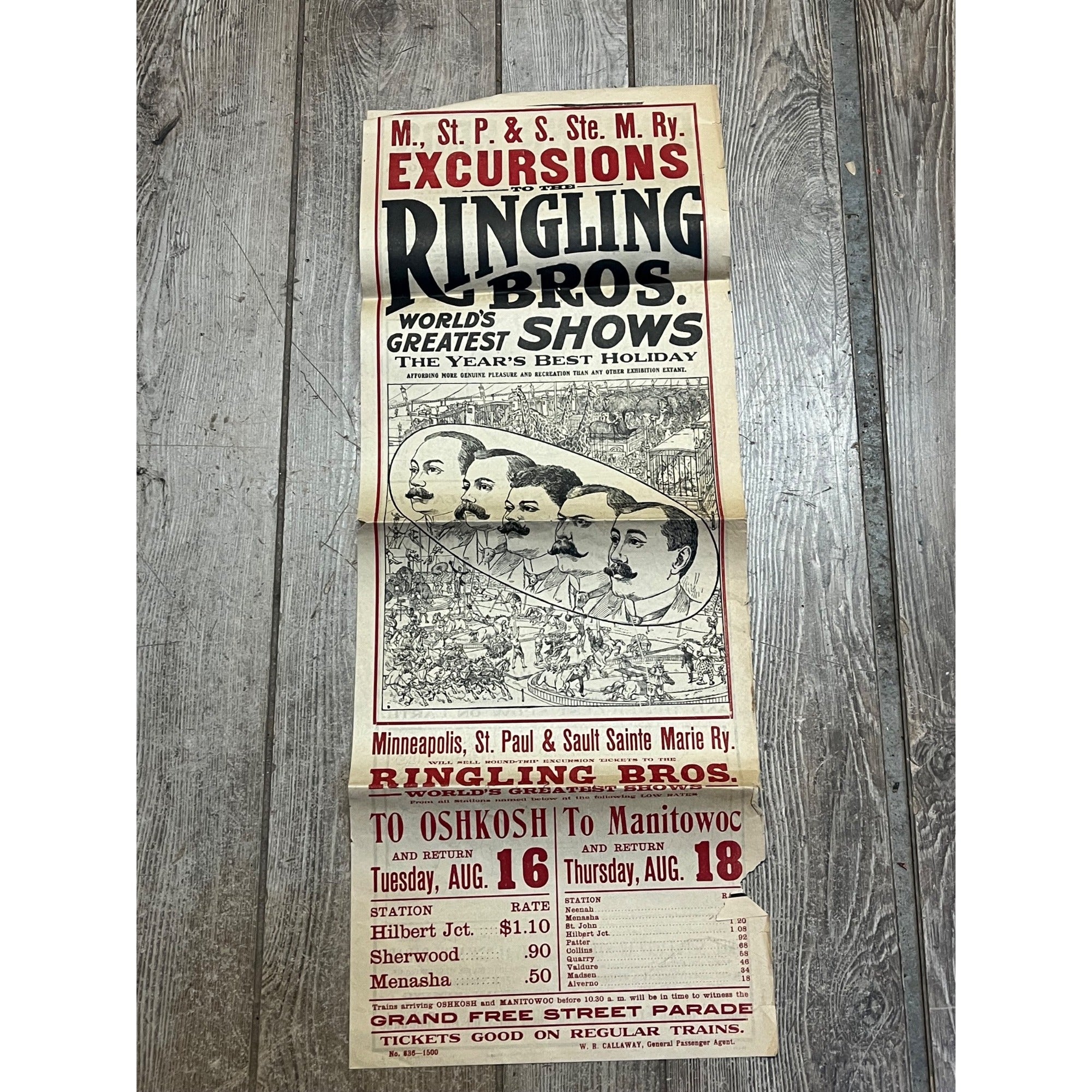 Vintage c1910 Original Ringling Bros Circus Soo Line Railroad Broadside Poster