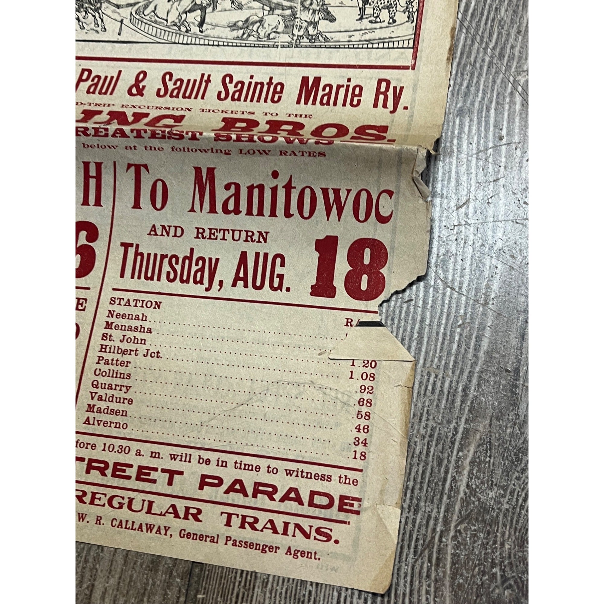 Vintage c1910 Original Ringling Bros Circus Soo Line Railroad Broadside Poster