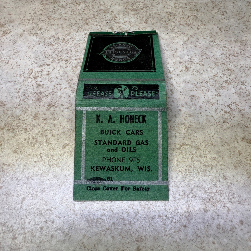 K.A. Honeck Kewaskum Wis Chevrolet Service Station Advertising Matchbook