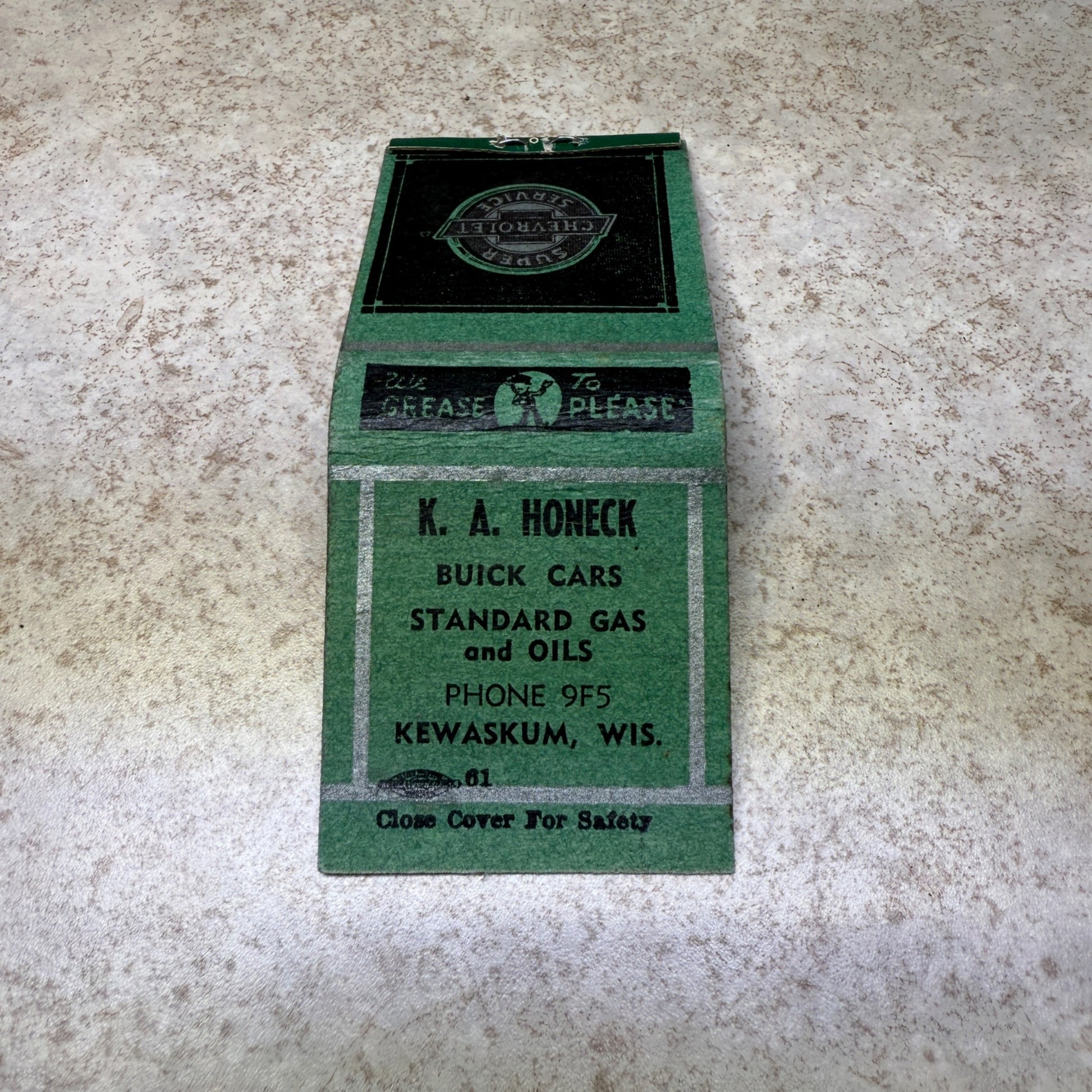 K.A. Honeck Kewaskum Wis Chevrolet Service Station Advertising Matchbook