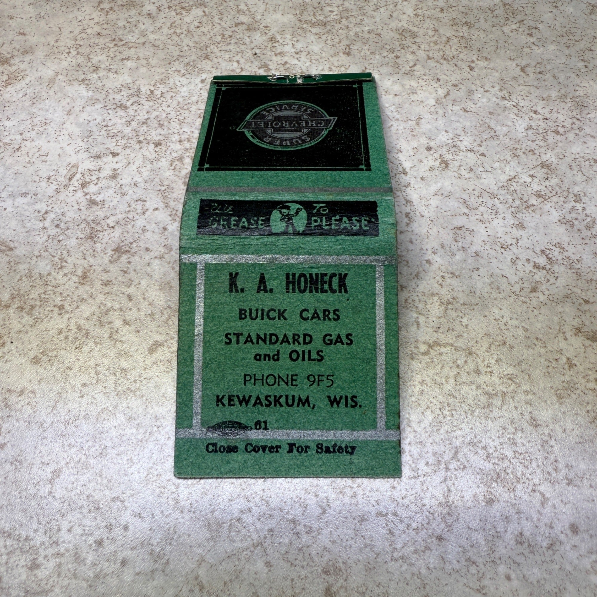 K.A. Honeck Kewaskum Wis Chevrolet Service Station Advertising Matchbook
