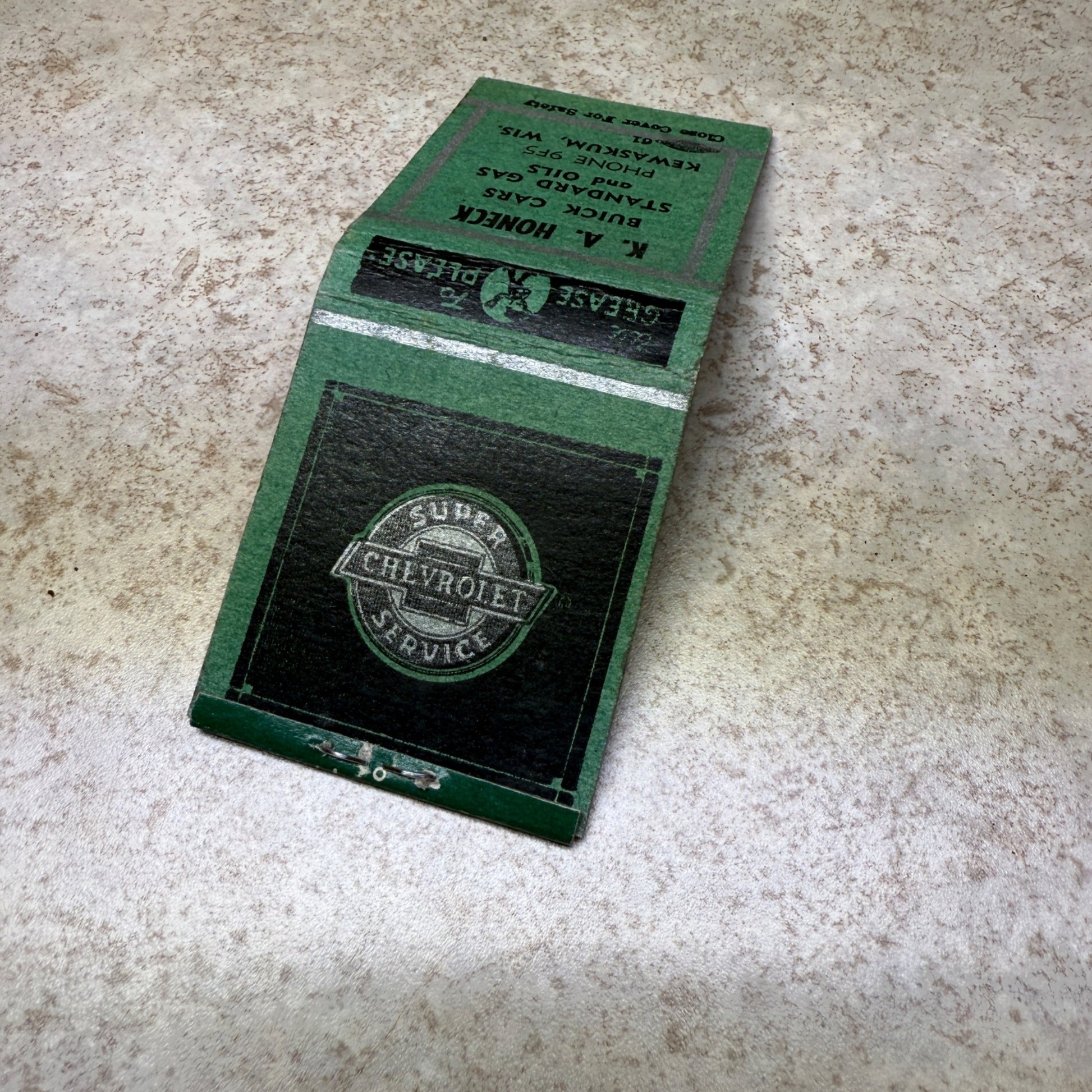 K.A. Honeck Kewaskum Wis Chevrolet Service Station Advertising Matchbook