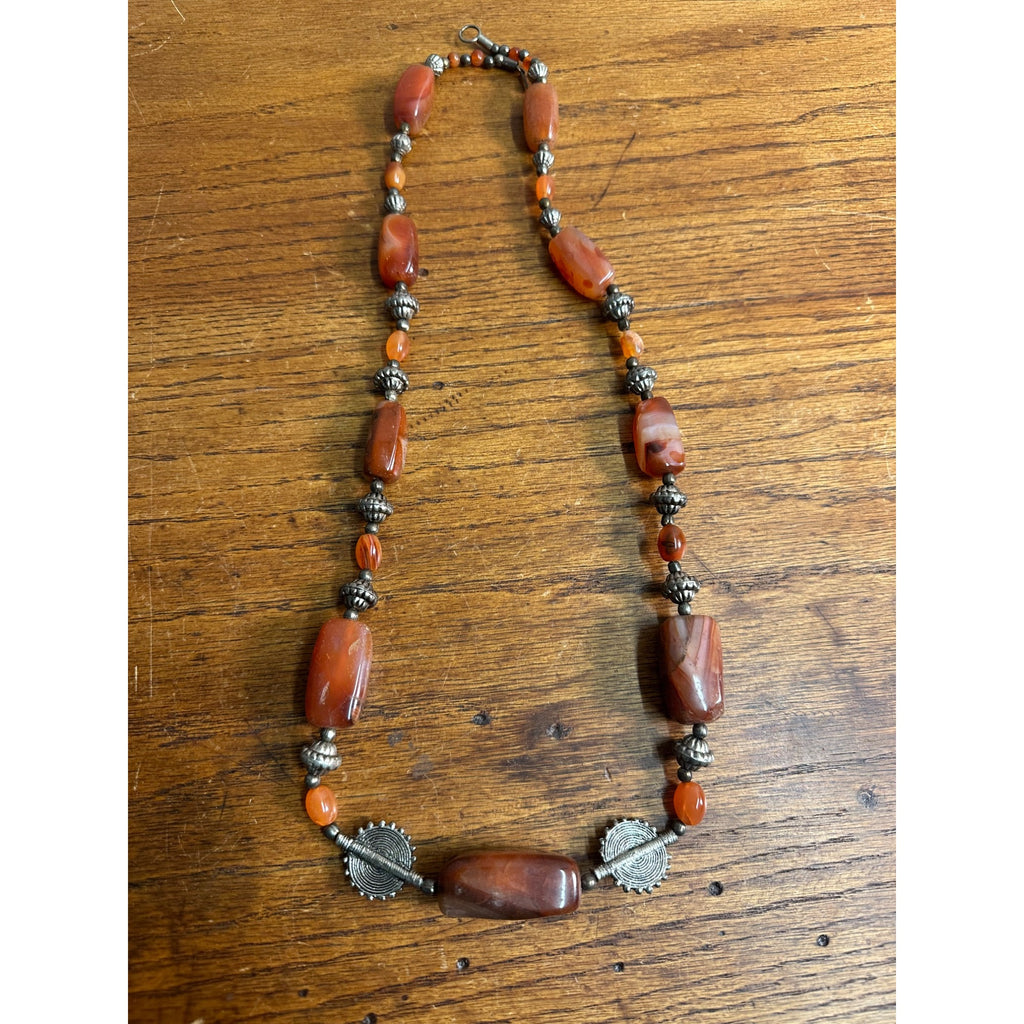 Vintage Carnelian & Silver Bead 15" Necklace Ethnic Himilayan Hook Clasp