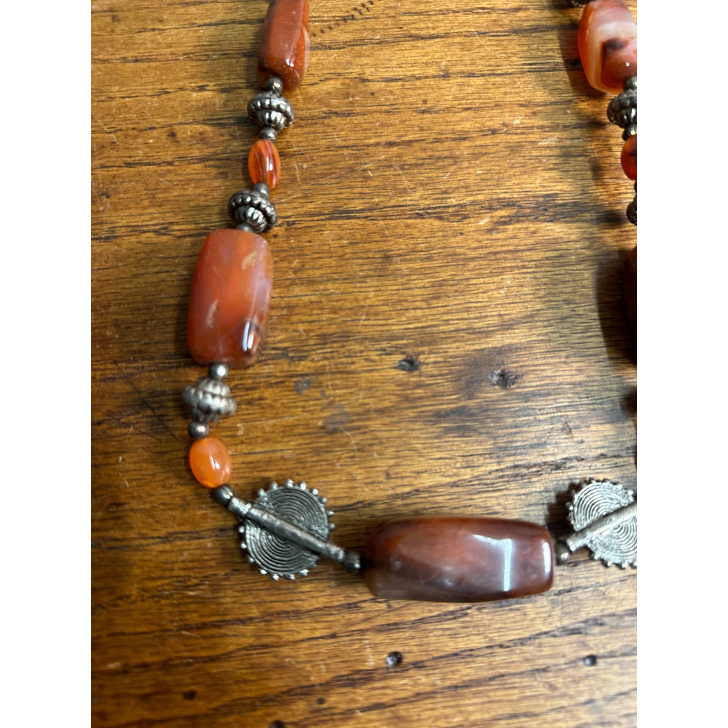 Vintage Carnelian & Silver Bead 15" Necklace Ethnic Himilayan Hook Clasp