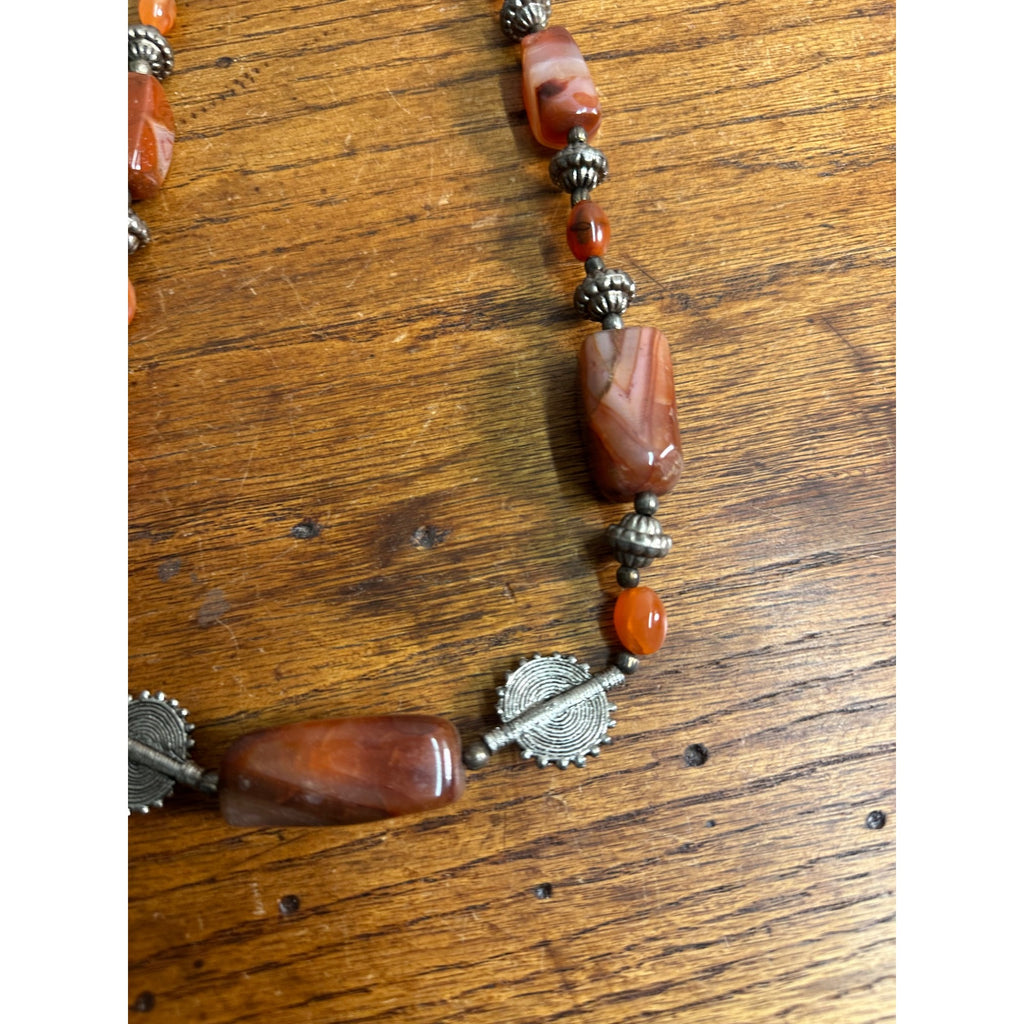 Vintage Carnelian & Silver Bead 15" Necklace Ethnic Himilayan Hook Clasp