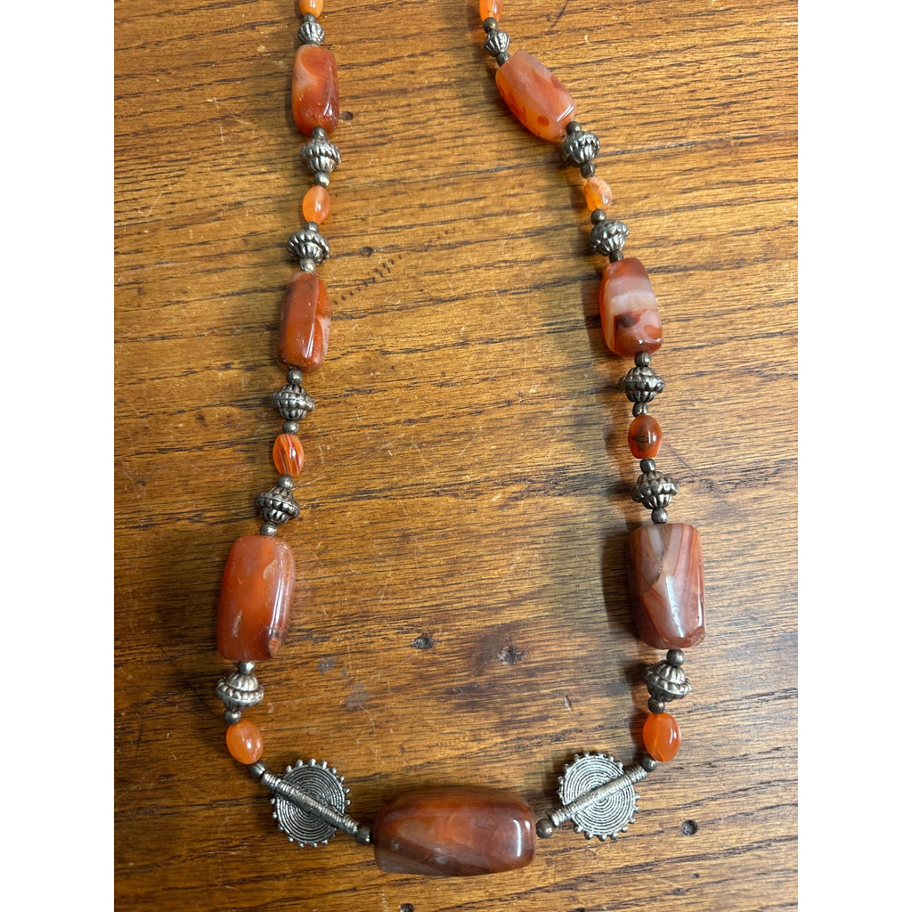 Vintage Carnelian & Silver Bead 15" Necklace Ethnic Himilayan Hook Clasp