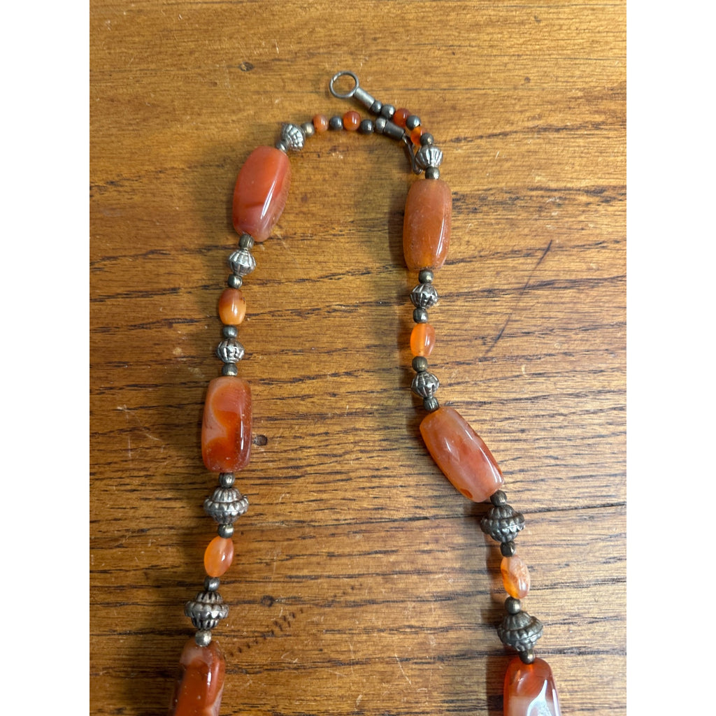 Vintage Carnelian & Silver Bead 15" Necklace Ethnic Himilayan Hook Clasp