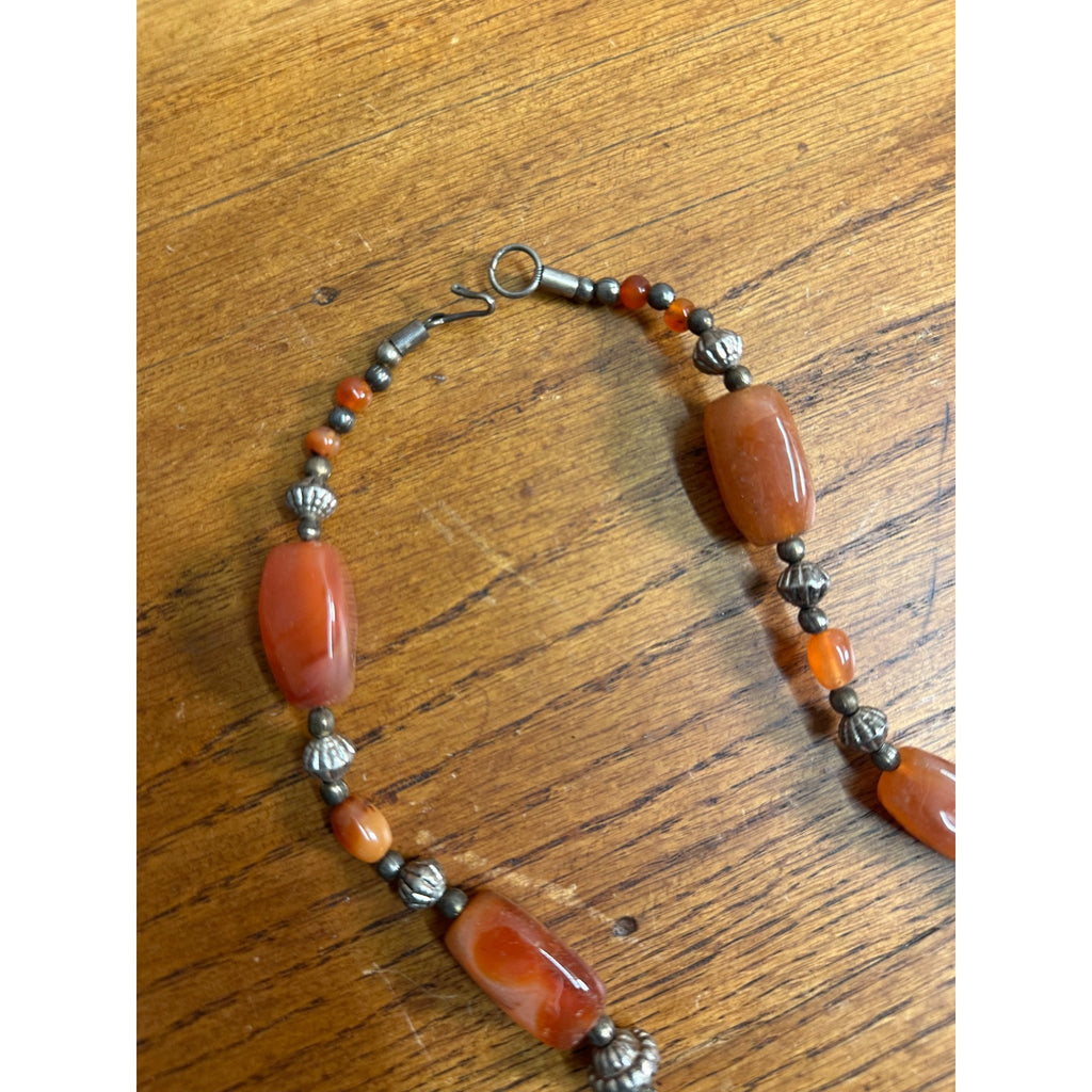 Vintage Carnelian & Silver Bead 15" Necklace Ethnic Himilayan Hook Clasp