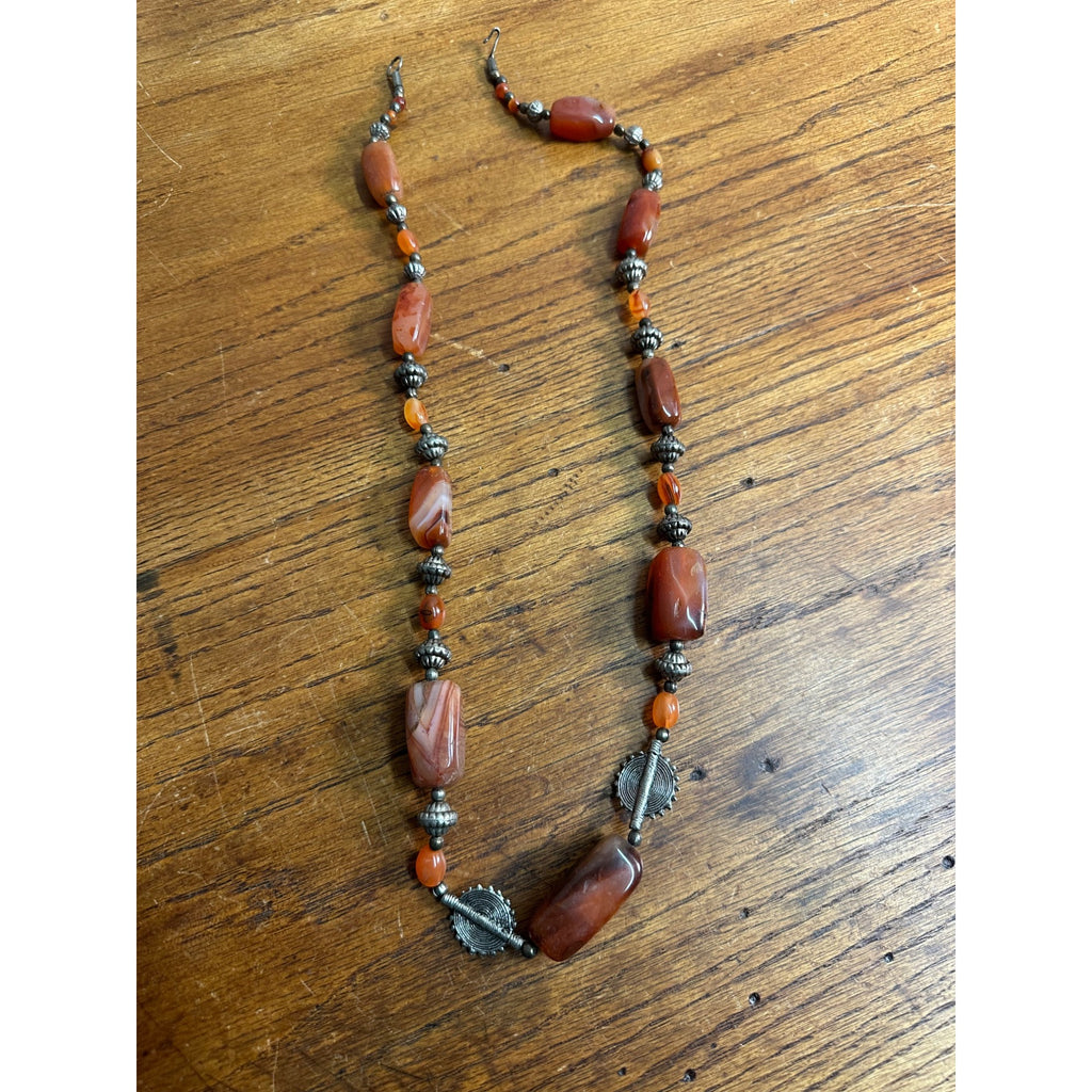 Vintage Carnelian & Silver Bead 15" Necklace Ethnic Himilayan Hook Clasp