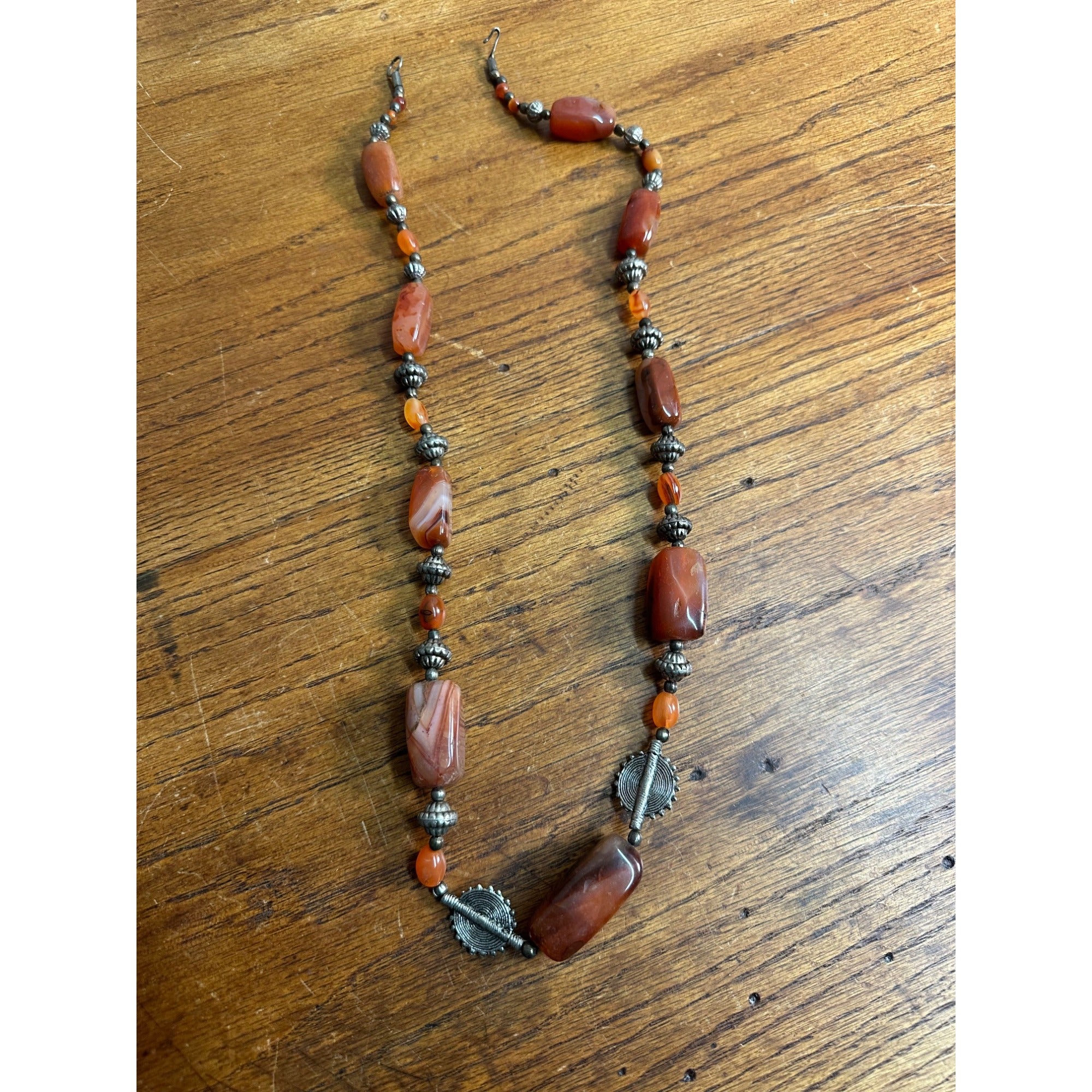 Vintage Carnelian & Silver Bead 15" Necklace Ethnic Himilayan Hook Clasp