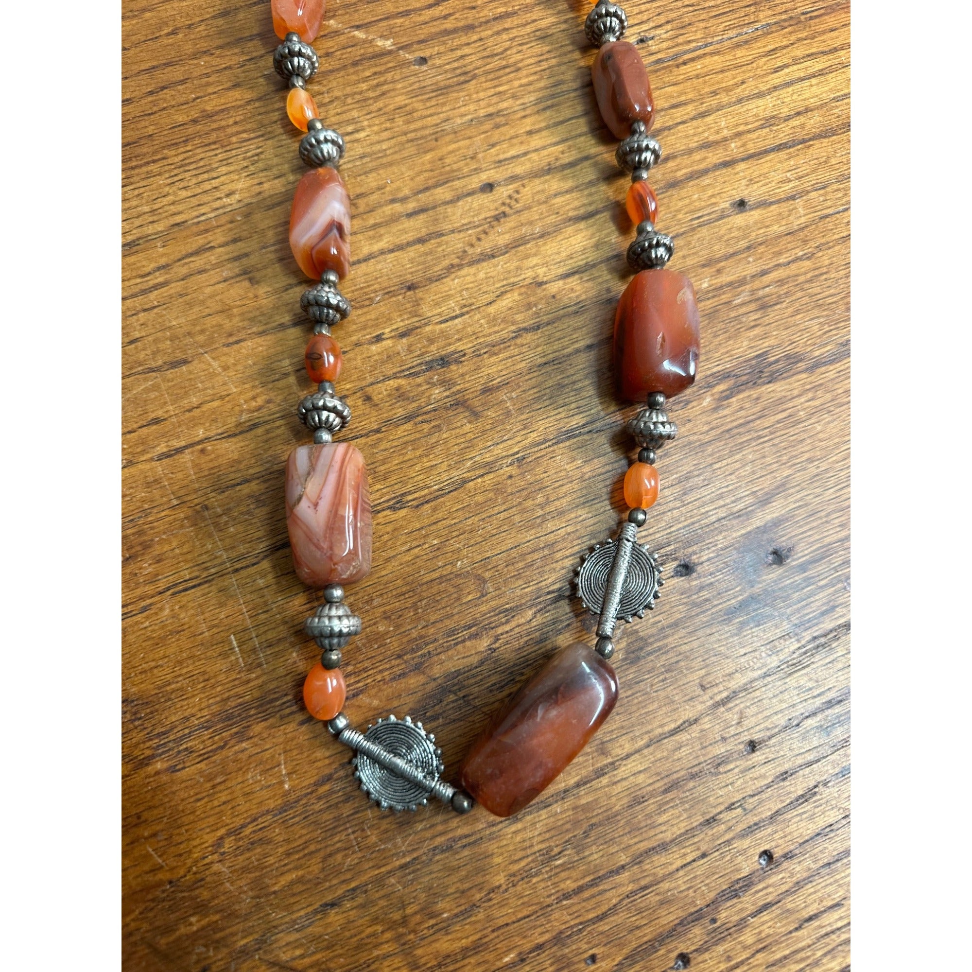 Vintage Carnelian & Silver Bead 15" Necklace Ethnic Himilayan Hook Clasp