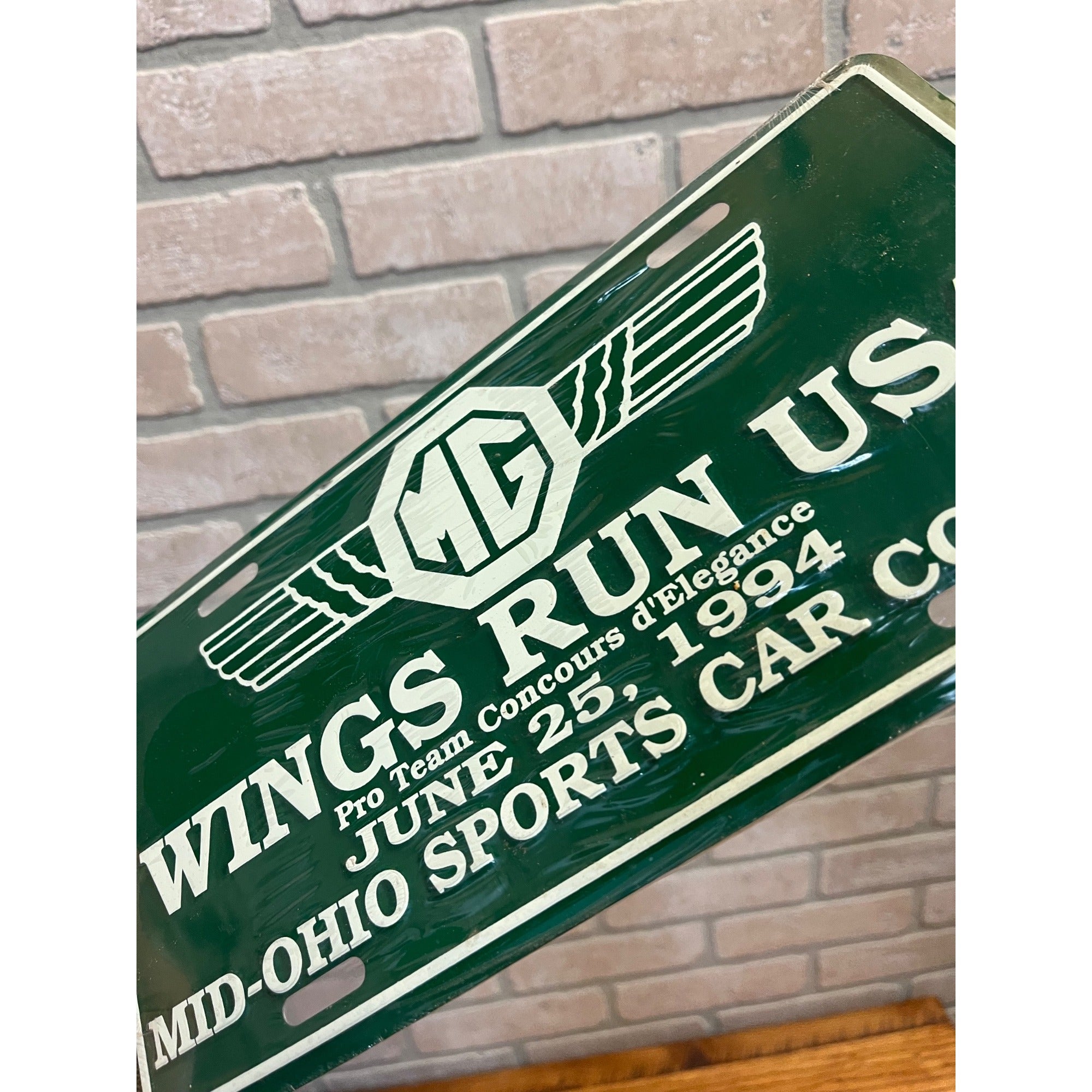 Vintage Morgan Car "MG" Wings Run USA License Plate Mid-Ohio Sports Car Course 1994