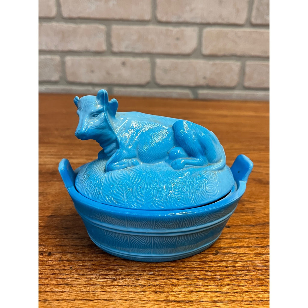Vintage Blue Slag Glass Nesting Cow On A Nest Covered Dish