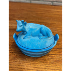 Vintage Blue Slag Glass Nesting Cow On A Nest Covered Dish