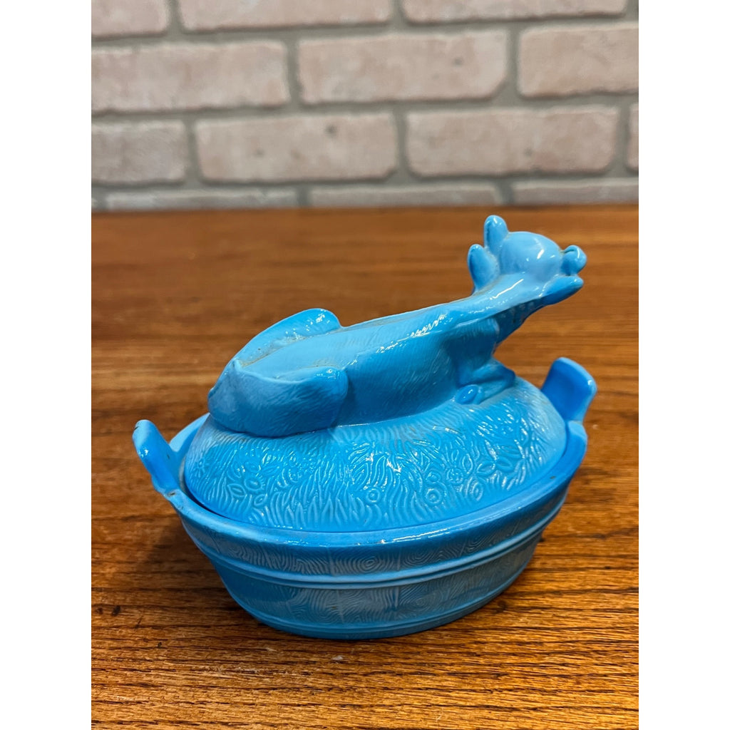 Vintage Blue Slag Glass Nesting Cow On A Nest Covered Dish
