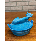Vintage Blue Slag Glass Nesting Cow On A Nest Covered Dish