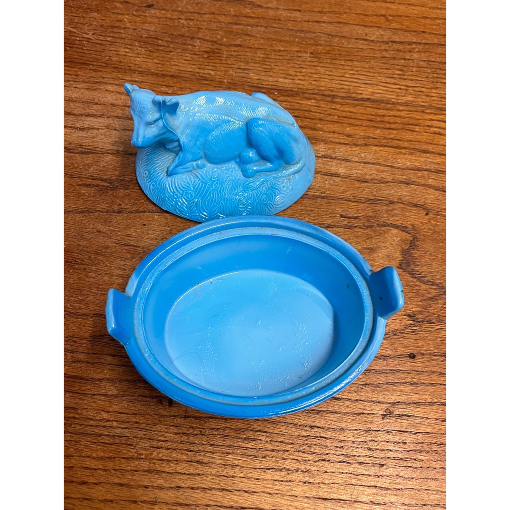 Vintage Blue Slag Glass Nesting Cow On A Nest Covered Dish