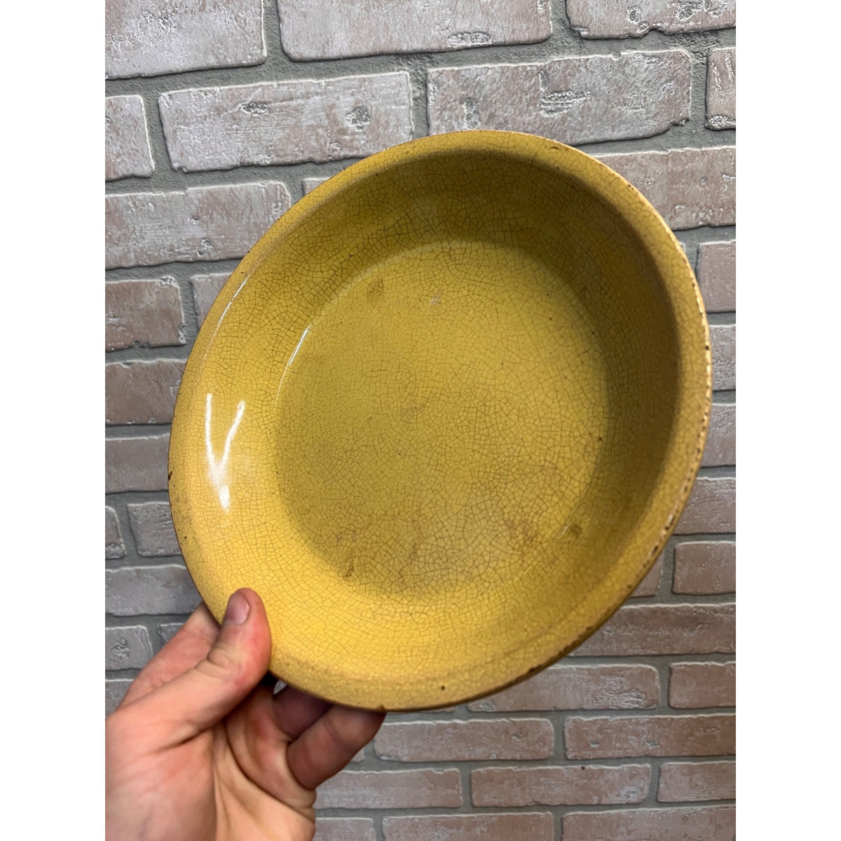 Antique Primitive Yellow Ware Stoneware "Oven Ware" Pie Plate Dish 9" Farmhouse