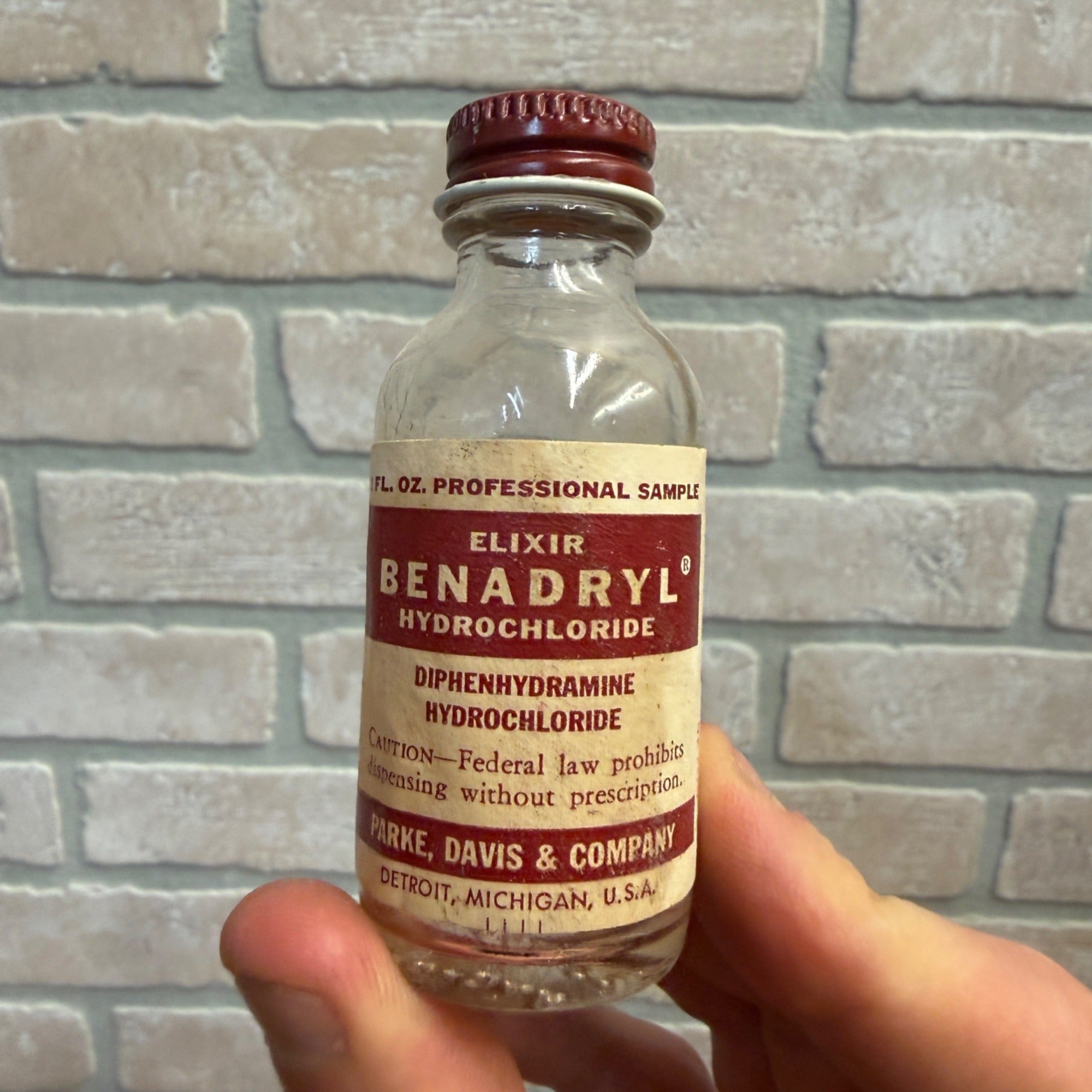 Vintage Benadryl Glass Bottle Parke Davis Elixir Bottle Empty 3" Sample