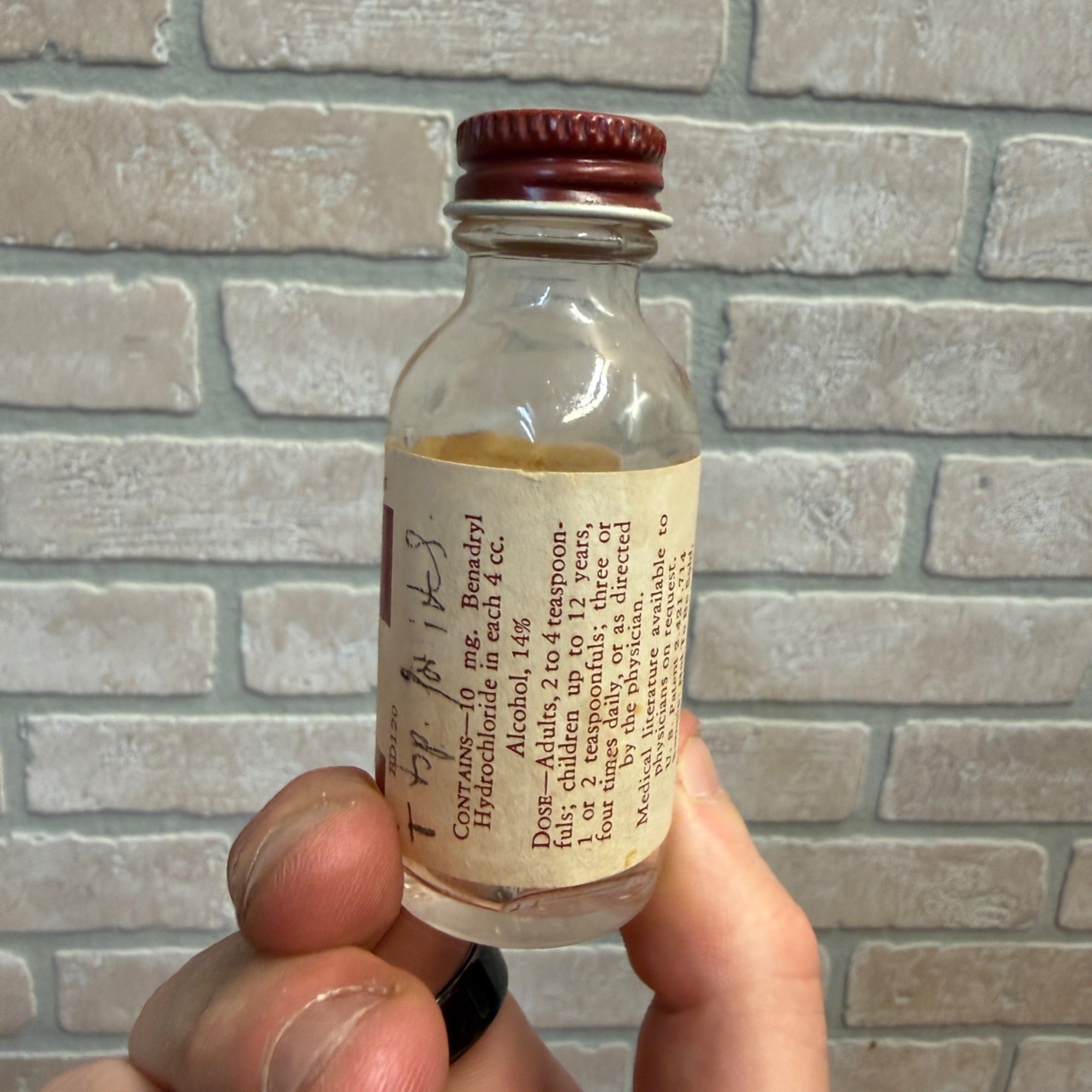 Vintage Benadryl Glass Bottle Parke Davis Elixir Bottle Empty 3" Sample
